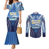 Personalised French Polynesia Bora Bora Couples Matching Mermaid Dress and Long Sleeve Button Shirt Beach Landscape Polynesian Style LT05 Blue - Polynesian Pride
