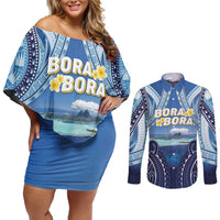 Personalised French Polynesia Bora Bora Couples Matching Off Shoulder Short Dress and Long Sleeve Button Shirt Beach Landscape Polynesian Style LT05 Blue - Polynesian Pride