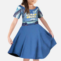 Personalised French Polynesia Bora Bora Family Matching Puletasi and Hawaiian Shirt Beach Landscape Polynesian Style LT05 Daughter's Dress Blue - Polynesian Pride