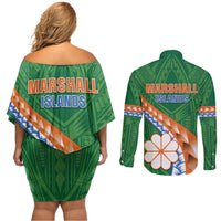 Personalised Marshall Islands Kwajalein Atoll Couples Matching Off Shoulder Short Dress and Long Sleeve Button Shirt Polynesian Tribal Tattoo