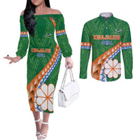 Personalised Marshall Islands Kwajalein Atoll Couples Matching Off The Shoulder Long Sleeve Dress and Long Sleeve Button Shirt Polynesian Tribal Tattoo