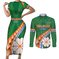 Personalised Marshall Islands Kwajalein Atoll Couples Matching Short Sleeve Bodycon Dress and Long Sleeve Button Shirt Polynesian Tribal Tattoo