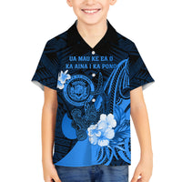 Personalised Hawaii State Motto Family Matching Off Shoulder Short Dress and Hawaiian Shirt Hawaiian Tribal Blue Hammerhead Shark LT05 Son's Shirt Blue - Polynesian Pride