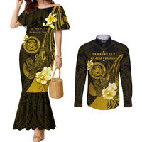 Personalised Hawaii State Motto Couples Matching Mermaid Dress and Long Sleeve Button Shirt Hawaiian Tribal Gold Hammerhead Shark LT05 Gold - Polynesian Pride