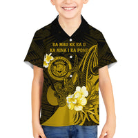 Personalised Hawaii State Motto Family Matching Long Sleeve Bodycon Dress and Hawaiian Shirt Hawaiian Tribal Gold Hammerhead Shark LT05 Son's Shirt Gold - Polynesian Pride