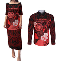 Personalised Hawaii State Motto Couples Matching Puletasi and Long Sleeve Button Shirt Hawaiian Tribal Red Hammerhead Shark LT05 Red - Polynesian Pride