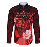 Personalised Hawaii State Motto Family Matching Summer Maxi Dress and Hawaiian Shirt Hawaiian Tribal Red Hammerhead Shark LT05 Dad's Shirt - Long Sleeve Red - Polynesian Pride