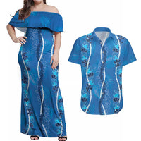 Hawaii Maile Lei Couples Matching Off Shoulder Maxi Dress and Hawaiian Shirt With Blue Monstera Pattern LT05 Blue - Polynesian Pride