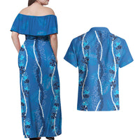 Hawaii Maile Lei Couples Matching Off Shoulder Maxi Dress and Hawaiian Shirt With Blue Monstera Pattern LT05 - Polynesian Pride