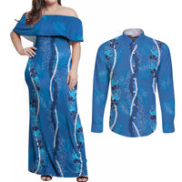 Hawaii Maile Lei Couples Matching Off Shoulder Maxi Dress and Long Sleeve Button Shirt With Blue Monstera Pattern LT05 Blue - Polynesian Pride