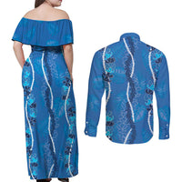 Hawaii Maile Lei Couples Matching Off Shoulder Maxi Dress and Long Sleeve Button Shirt With Blue Monstera Pattern LT05 - Polynesian Pride