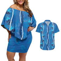 Hawaii Maile Lei Couples Matching Off Shoulder Short Dress and Hawaiian Shirt With Blue Monstera Pattern LT05 Blue - Polynesian Pride