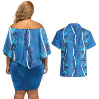 Hawaii Maile Lei Couples Matching Off Shoulder Short Dress and Hawaiian Shirt With Blue Monstera Pattern LT05 - Polynesian Pride