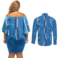 Hawaii Maile Lei Couples Matching Off Shoulder Short Dress and Long Sleeve Button Shirt With Blue Monstera Pattern LT05 - Polynesian Pride