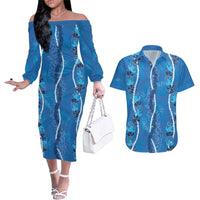 Hawaii Maile Lei Couples Matching Off The Shoulder Long Sleeve Dress and Hawaiian Shirt With Blue Monstera Pattern LT05 Blue - Polynesian Pride
