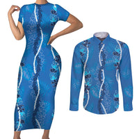 Hawaii Maile Lei Couples Matching Short Sleeve Bodycon Dress and Long Sleeve Button Shirt With Blue Monstera Pattern LT05 Blue - Polynesian Pride