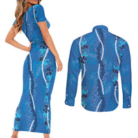 Hawaii Maile Lei Couples Matching Short Sleeve Bodycon Dress and Long Sleeve Button Shirt With Blue Monstera Pattern LT05 - Polynesian Pride