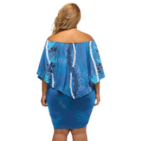 Hawaii Maile Lei Family Matching Off Shoulder Short Dress and Hawaiian Shirt With Blue Monstera Pattern