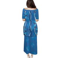 Hawaii Maile Lei Puletasi With Blue Monstera Pattern LT05 - Polynesian Pride