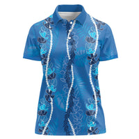 Hawaii Maile Lei Women Polo Shirt With Blue Monstera Pattern LT05 Female Blue - Polynesian Pride