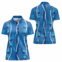 Hawaii Maile Lei Women Polo Shirt With Blue Monstera Pattern LT05 - Polynesian Pride