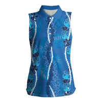 Hawaii Maile Lei Women Sleeveless Polo Shirt With Blue Monstera Pattern LT05 Female Blue - Polynesian Pride