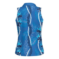 Hawaii Maile Lei Women Sleeveless Polo Shirt With Blue Monstera Pattern LT05 - Polynesian Pride