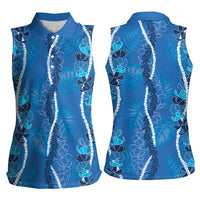 Hawaii Maile Lei Women Sleeveless Polo Shirt With Blue Monstera Pattern LT05 - Polynesian Pride
