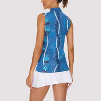 Hawaii Maile Lei Women Sleeveless Polo Shirt With Blue Monstera Pattern LT05 - Polynesian Pride