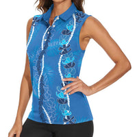 Hawaii Maile Lei Women Sleeveless Polo Shirt With Blue Monstera Pattern LT05 - Polynesian Pride
