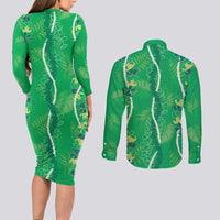 Hawaii Maile Lei Couples Matching Long Sleeve Bodycon Dress and Long Sleeve Button Shirt With Green Monstera Pattern LT05 - Polynesian Pride
