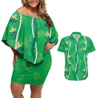 Hawaii Maile Lei Couples Matching Off Shoulder Short Dress and Hawaiian Shirt With Green Monstera Pattern LT05 Green - Polynesian Pride