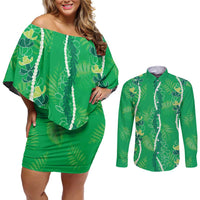 Hawaii Maile Lei Couples Matching Off Shoulder Short Dress and Long Sleeve Button Shirt With Green Monstera Pattern LT05 Green - Polynesian Pride