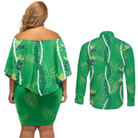 Hawaii Maile Lei Couples Matching Off Shoulder Short Dress and Long Sleeve Button Shirt With Green Monstera Pattern LT05 - Polynesian Pride
