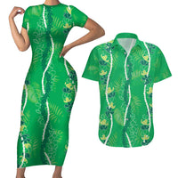 Hawaii Maile Lei Couples Matching Short Sleeve Bodycon Dress and Hawaiian Shirt With Green Monstera Pattern LT05 Green - Polynesian Pride