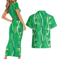 Hawaii Maile Lei Couples Matching Short Sleeve Bodycon Dress and Hawaiian Shirt With Green Monstera Pattern LT05 - Polynesian Pride