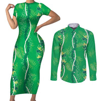 Hawaii Maile Lei Couples Matching Short Sleeve Bodycon Dress and Long Sleeve Button Shirt With Green Monstera Pattern LT05 Green - Polynesian Pride