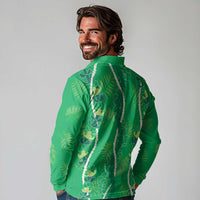 Hawaii Maile Lei Long Sleeve Polo Shirt With Green Monstera Pattern