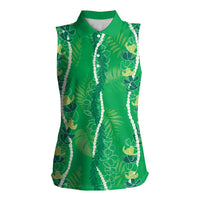 Hawaii Maile Lei Women Sleeveless Polo Shirt With Green Monstera Pattern LT05 Female Green - Polynesian Pride
