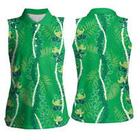 Hawaii Maile Lei Women Sleeveless Polo Shirt With Green Monstera Pattern LT05 - Polynesian Pride
