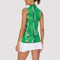 Hawaii Maile Lei Women Sleeveless Polo Shirt With Green Monstera Pattern LT05 - Polynesian Pride