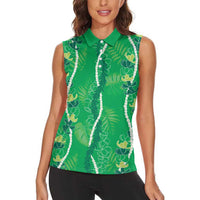 Hawaii Maile Lei Women Sleeveless Polo Shirt With Green Monstera Pattern LT05 - Polynesian Pride