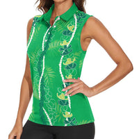 Hawaii Maile Lei Women Sleeveless Polo Shirt With Green Monstera Pattern LT05 - Polynesian Pride