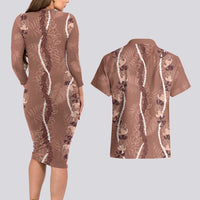 Hawaii Maile Lei Couples Matching Long Sleeve Bodycon Dress and Hawaiian Shirt With Brown Monstera Pattern LT05 - Polynesian Pride