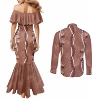Hawaii Maile Lei Couples Matching Mermaid Dress and Long Sleeve Button Shirt With Brown Monstera Pattern LT05 - Polynesian Pride