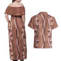 Hawaii Maile Lei Couples Matching Off Shoulder Maxi Dress and Hawaiian Shirt With Brown Monstera Pattern LT05 - Polynesian Pride