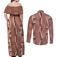 Hawaii Maile Lei Couples Matching Off Shoulder Maxi Dress and Long Sleeve Button Shirt With Brown Monstera Pattern LT05 - Polynesian Pride