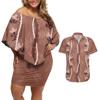 Hawaii Maile Lei Couples Matching Off Shoulder Short Dress and Hawaiian Shirt With Brown Monstera Pattern LT05 Brown - Polynesian Pride