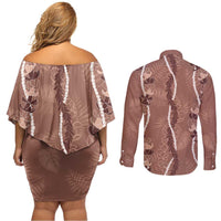 Hawaii Maile Lei Couples Matching Off Shoulder Short Dress and Long Sleeve Button Shirt With Brown Monstera Pattern LT05 - Polynesian Pride