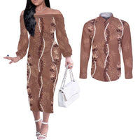 Hawaii Maile Lei Couples Matching Off The Shoulder Long Sleeve Dress and Long Sleeve Button Shirt With Brown Monstera Pattern LT05 Brown - Polynesian Pride